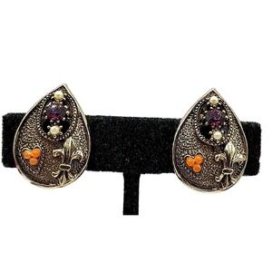 Vintage Rhinestone Earrings Fleur de Lis Faux Coral Heart Imitation Pearls Shiel